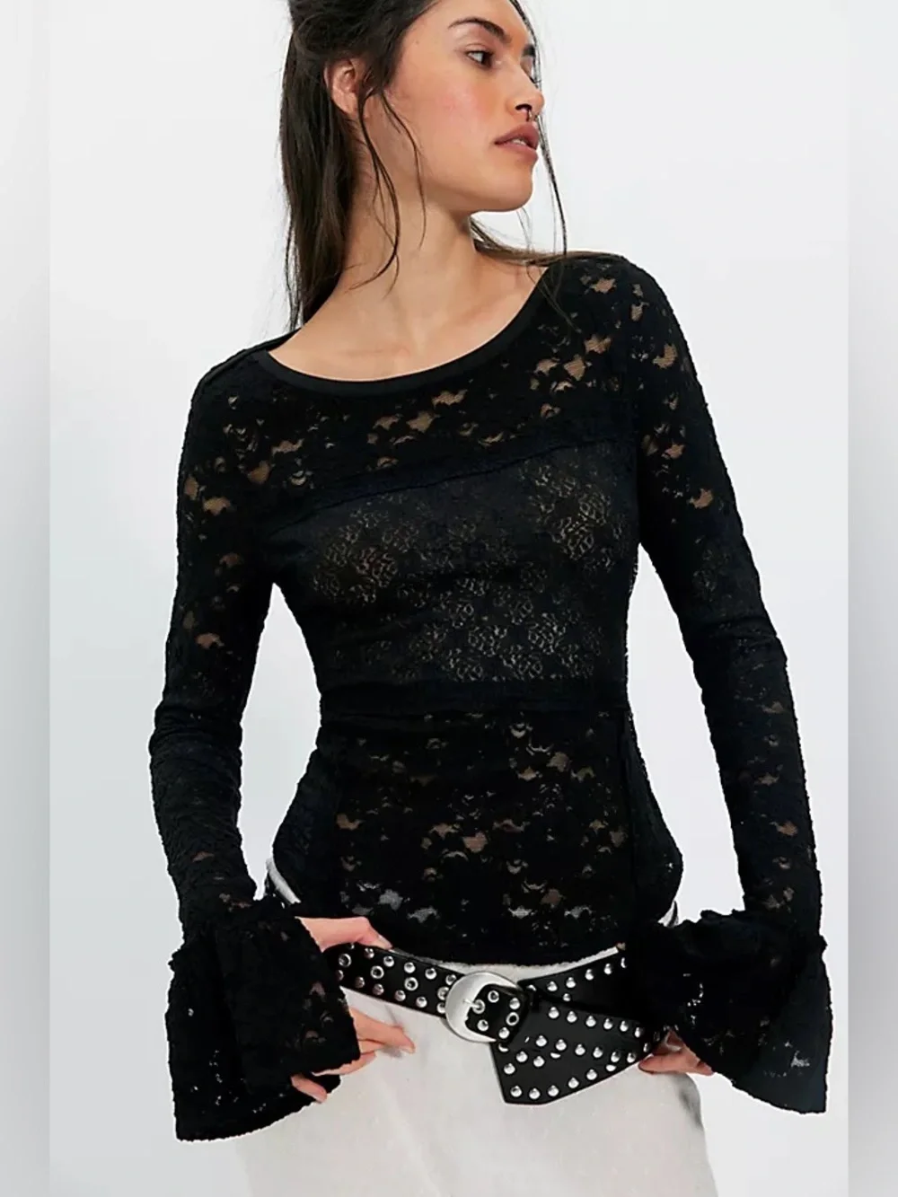 Free People Sheer Lace Flared Long Sleeve Top